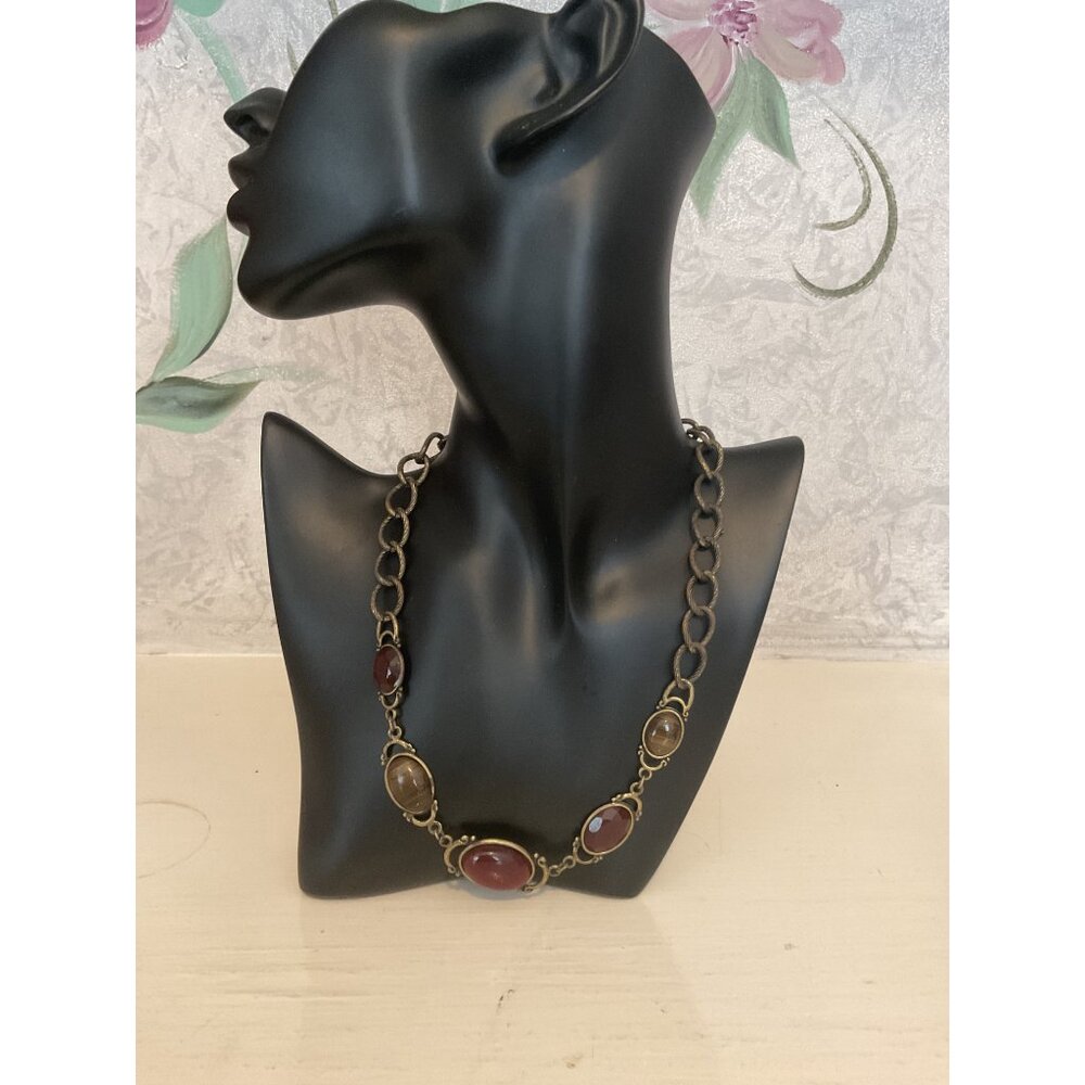 Vintage Avon Chain Necklace With Red & Brown Oval Stones